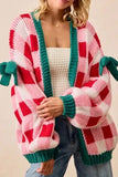 Plaid Knit Bow Knot Open Front Cardigan
