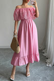 Off-Shoulder Eyelet Casual Midi Dress