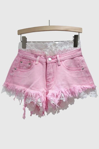 Lace-Accent Denim Shorts