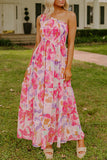 Abstract Floral One-Shoulder Maxi Dress