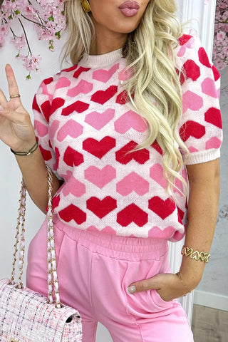 Heart Print Crew Neck Short Sleeve Sweater