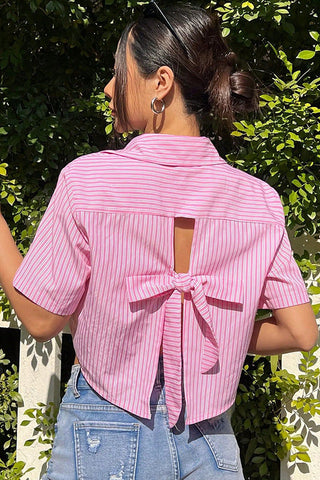 Back-Tie Striped Crop Shirt