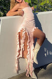 Strapless Midi Dress with Ruffle Accents