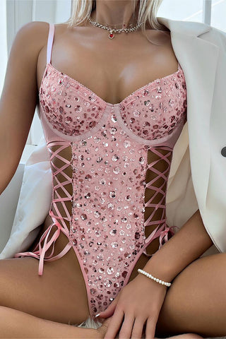 Embellished Sheer Lace-Up Bodysuit