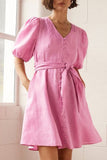 Button-Down Casual Dress with Waist Tie
