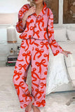 Bow Print Long Sleeve Shirt 2pcs Pajama Set