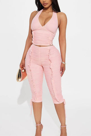 Halter Neck Ruched Pants Set