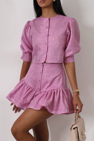 Button-Front Puff Sleeve Skirt Set