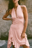 Halter Neck Casual Dress with Asymmetrical Hem