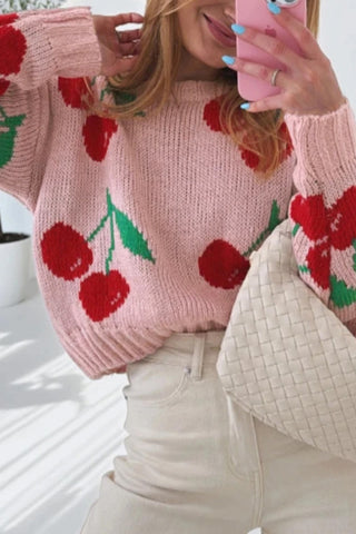 Cherry Print Loose Cropped Sweater