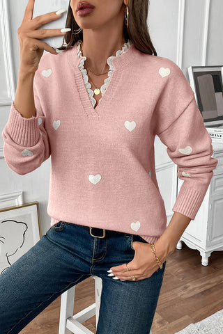 Heart Patterned V-Neck Sweater
