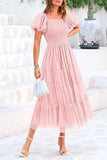 Puff-Sleeve Tiered Midi Dress