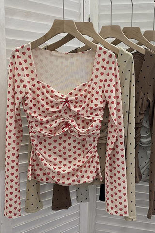 Ruched Heart-Print Long Sleeve Top