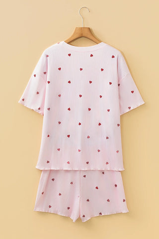 Heart Print Ribbed Knit Shorts Set