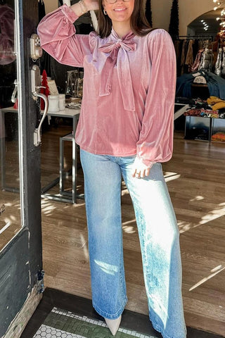 Velvet Ribbon Bow Knot Long Sleeve Blouse