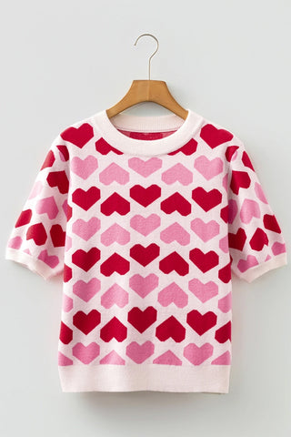 Heart Print Crew Neck Short Sleeve Sweater