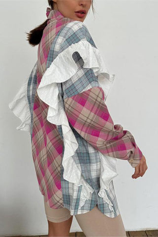 Ruffle-Detail Plaid Blouse