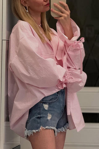 Button-Down Blouse with Tie Sleeve Detail