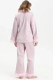 Feather Trim Button-Up Loungewear Set
