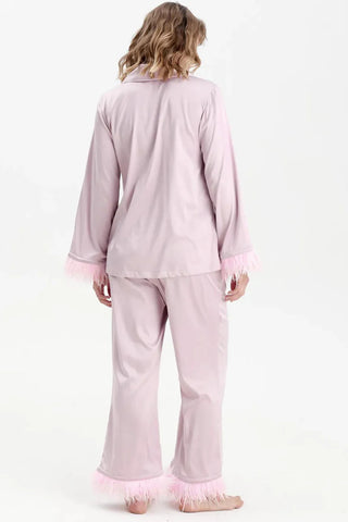 Feather Trim Button-Up Loungewear Set