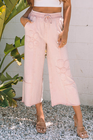 Flower Patch Knit Cropped Wide Leg Pants