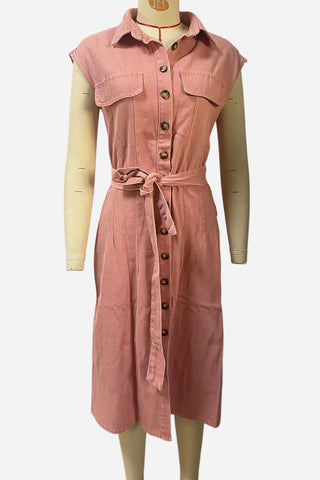 Belted Button-Front Denim Dress