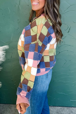 Checkered Pattern Button Front Cardigan Sweater