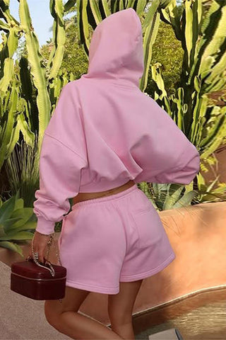 Casual Zip-Up Short Set with Hood