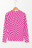 Black Checkered Pattern Mesh Mock Neck Long Sleeve Top