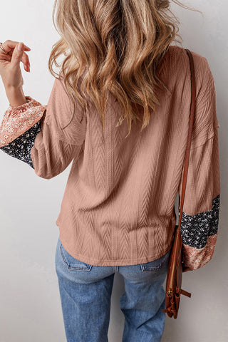 Patterned Sleeve Blouse with V-Neck