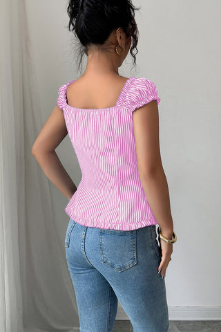 Ruched Sleeve Striped Button-Down Blouse