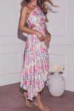 Floral One-Shoulder Pleated Dress