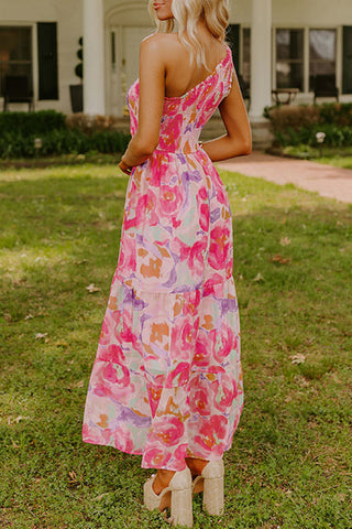 Abstract Floral One-Shoulder Maxi Dress