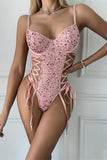 Embellished Sheer Lace-Up Bodysuit