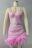 Sparkling Mini Dress with Feather Trim