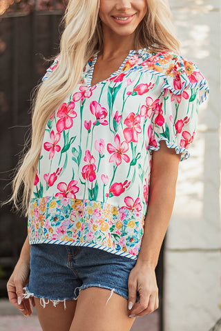 Floral Pattern Blouse with Flutter Sleeves
