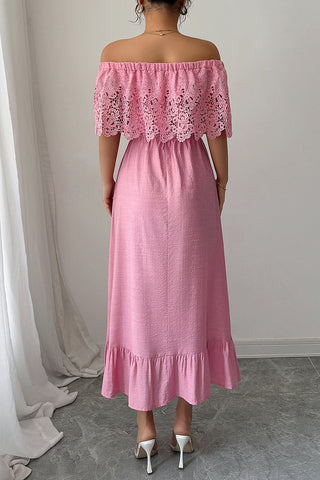 Off-Shoulder Eyelet Casual Midi Dress
