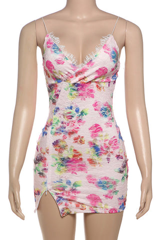 Lace-Trim Floral Mini Dress