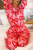 Bow Print Long Sleeve Shirt 2pcs Pajama Set