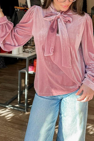 Velvet Ribbon Bow Knot Long Sleeve Blouse