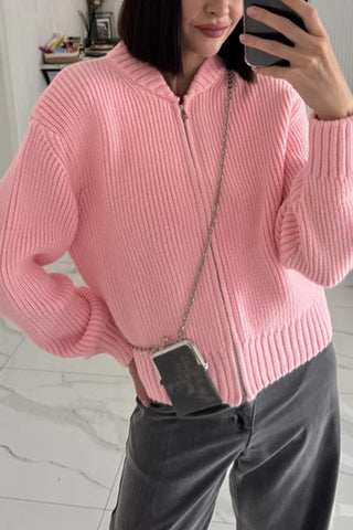 Zip-Front Ribbed Cardigan
