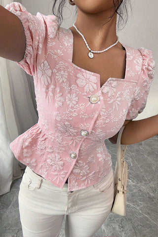 Button-Front Floral Peplum Top