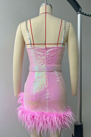Sparkling Mini Dress with Feather Trim