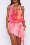 Halter Neck Mini Dress with Asymmetrical Hem