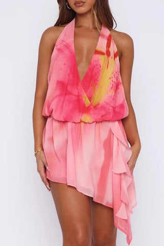 Halter Neck Mini Dress with Asymmetrical Hem