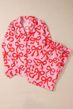 Bow Print Long Sleeve Shirt 2pcs Pajama Set