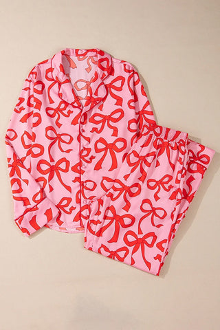 Bow Print Long Sleeve Shirt 2pcs Pajama Set