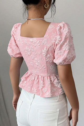 Button-Front Floral Peplum Top