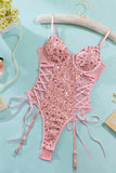 Embellished Sheer Lace-Up Bodysuit