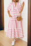Ricrac Trim Notched Neck Half Sleeve Dress